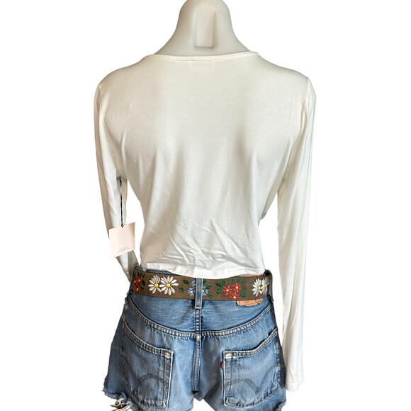 Superdown White Wrap Crop Top XL Cotton Long Sleeve Plunging Matilda Revolve NEW - Picture 5 of 8